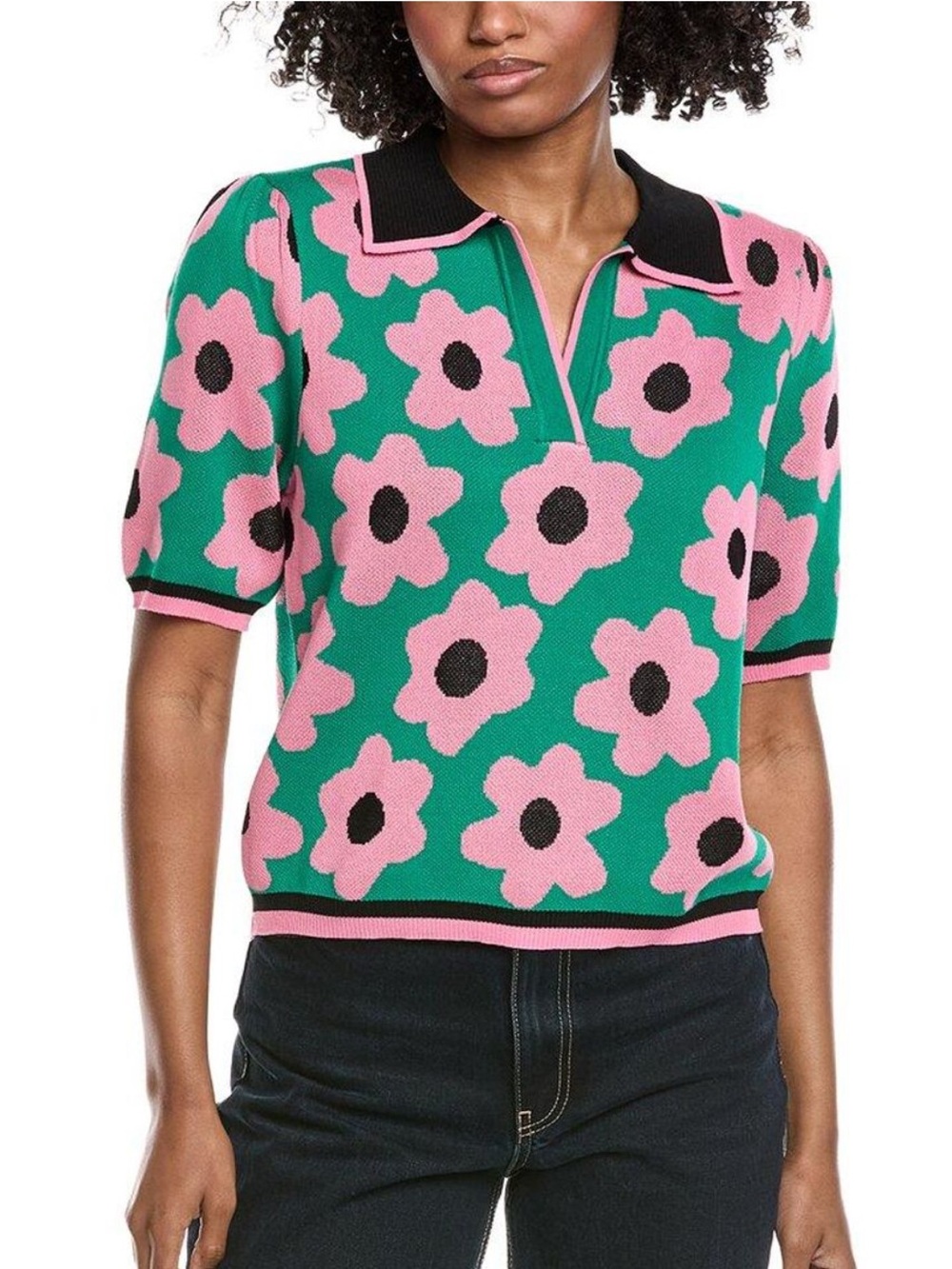 Nanette Lepore Green Pink Floral V-Neck Sweater medium